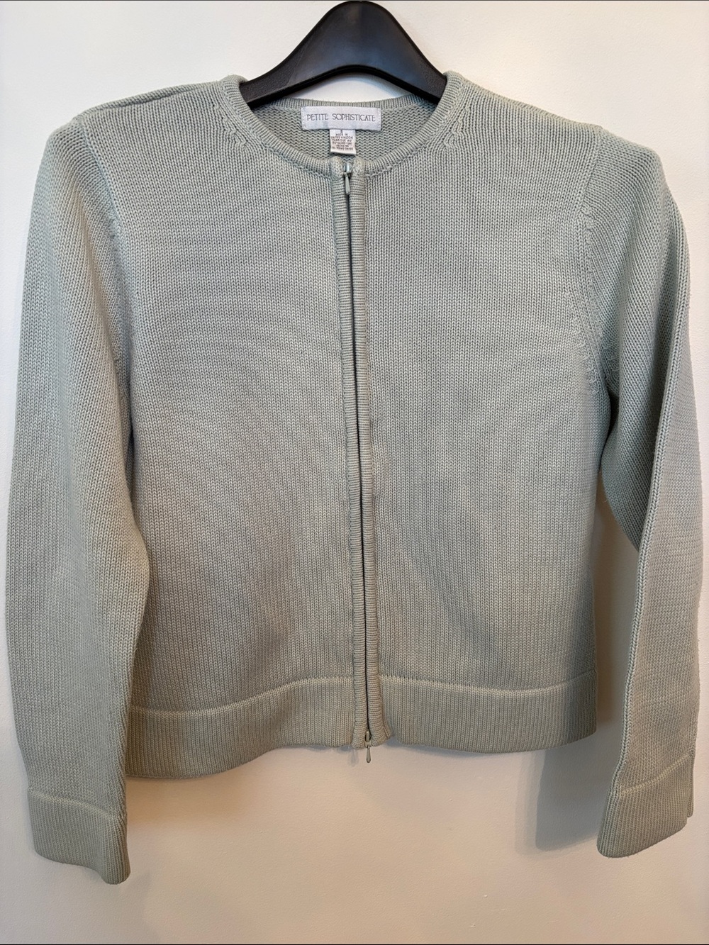 Petite Sophisticate Light Sage Zip-Front Cardigan